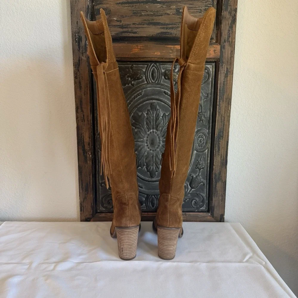 Franco Sarto Elnora Tall Suede Over The Knee Boots Brown Boho Fringe Tassel Sz 9